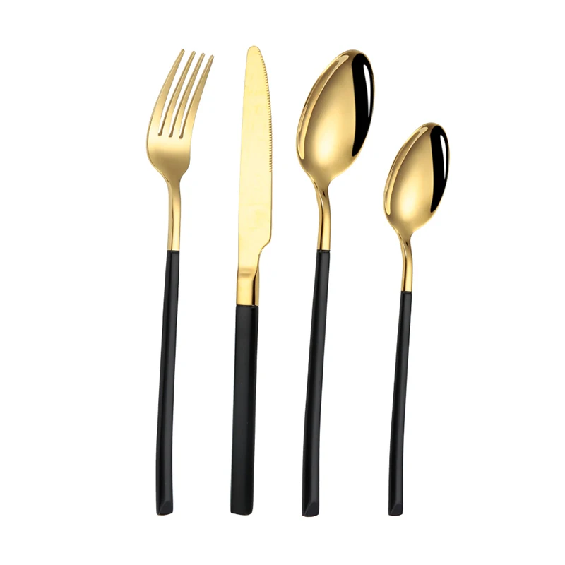 
Wholesale Luxury Travel Black Gold Cutlery Set Eco Friendly Stainless Steel Matte Knife Fork Spoon for Lunch 