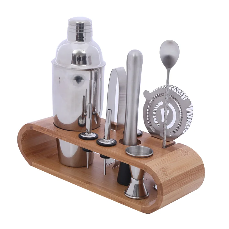 Горячая продажа продуктов в наличии Новая нержавеющая сталь 10 шт набор бар инструмент ремень овальная деревянная рамка база 750 мл шейкер набор оптовая продажа