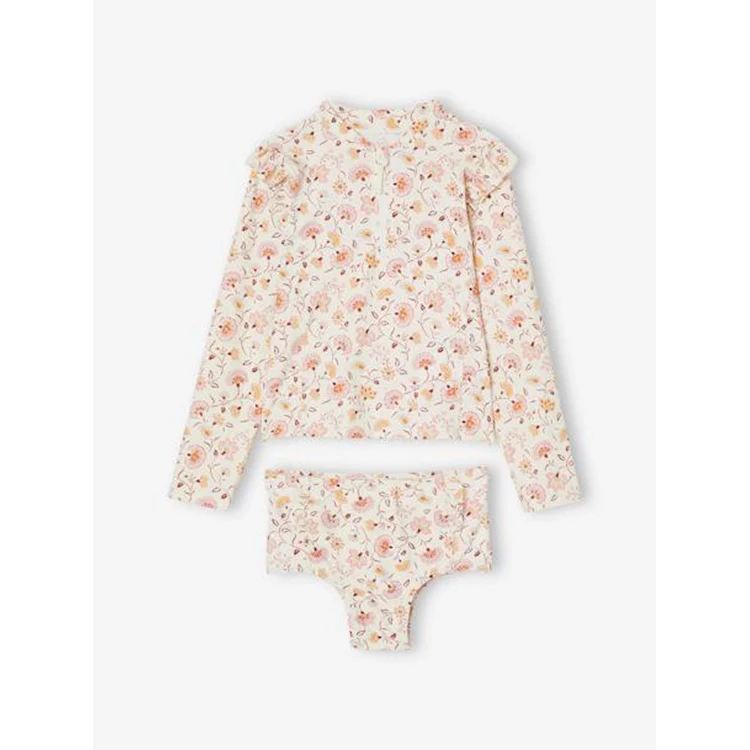 Custom kids printed bikini pink floral long sleeve two piece  girls swimsuit baby kid swimwear girls bikinis