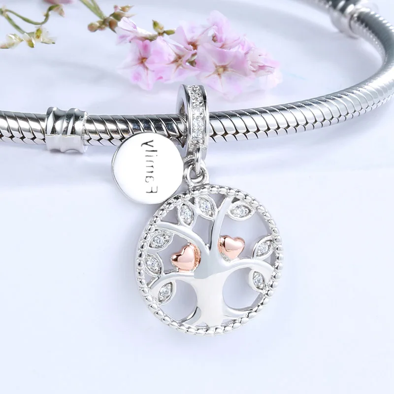925 Sterling Silver Family Tree of Life Charms Rose Gold Beads with Zircon Fit Authentic European Bracelets Jewelry Gift