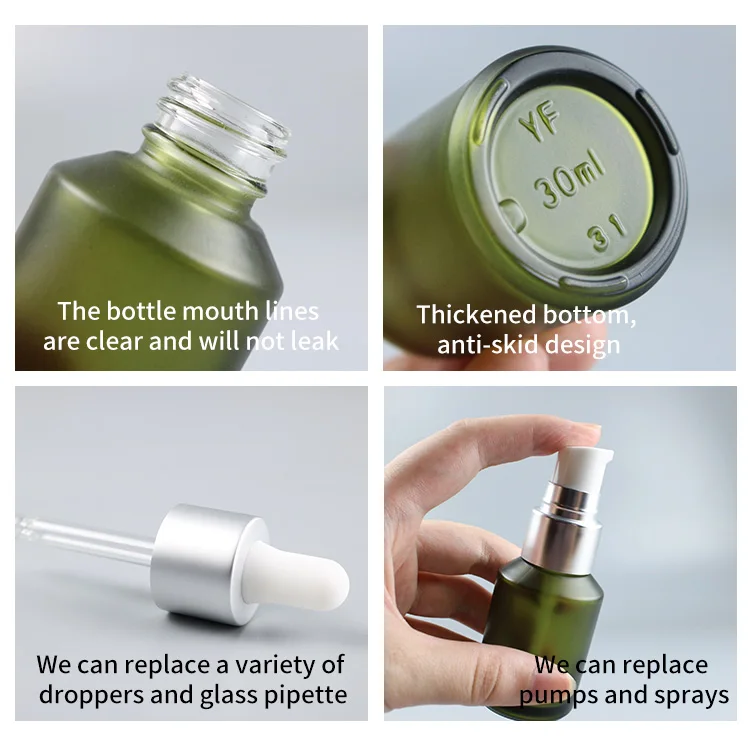 
New mold thick wall dark clear green rose red pink cosmetic serum frosted 30ml glass bottle with dropper 