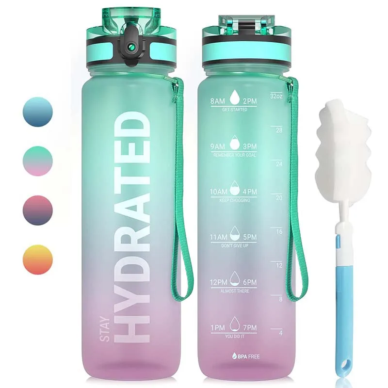 Спортивная мотивирующая бутылка из тритана с градиентом, 32 унции, Экологичная пластиковая бутылка для питьевой воды