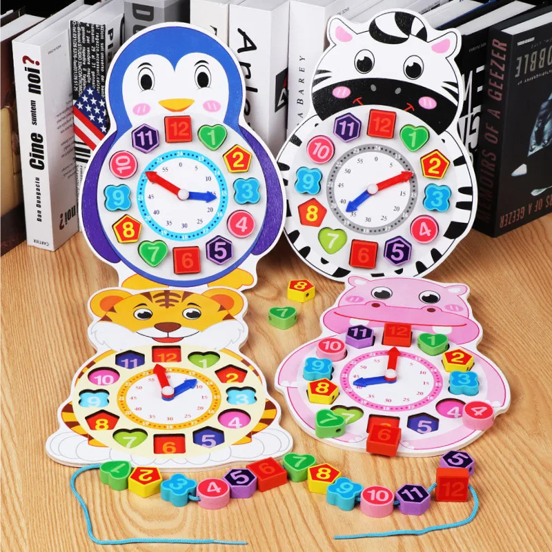 
Early Educational Toys Children Multifunctional Cartoon Animal Wooden Geometric Number Matching Blocks Digital Beaded Clock 