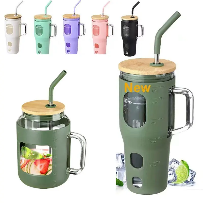 32 oz 40oz Reusable Glass Tumbler with Bamboo Lid and Straw Drinking Cup with Silicone Sleeve