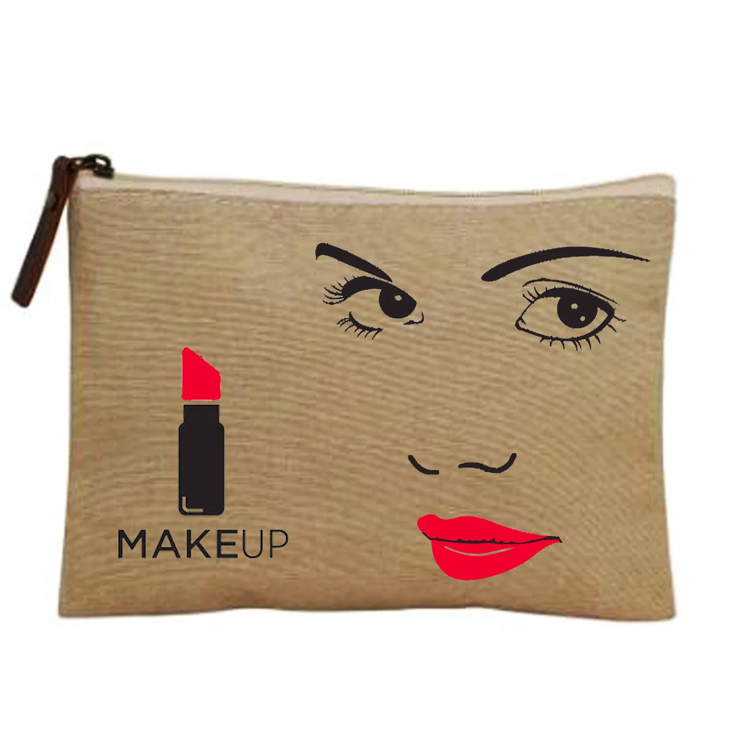 Promotional recycled natural jute small cosmetic pouch bag with zipper and customized print