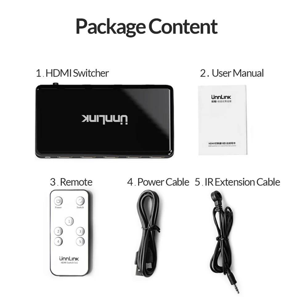 Unnlink hdmi switch 3x1 5x1 4K@60Hz 4:4:4 HDCP 2.2 HDR for Smart LED TV MI box3/ ps3/ps4 pro