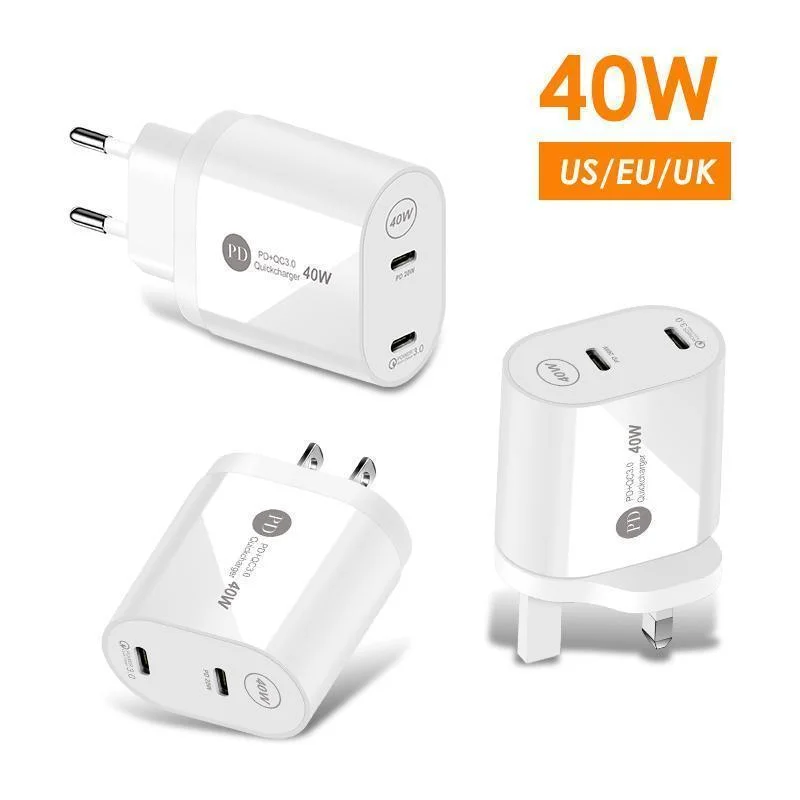 40W Dual Type-c PD Fast Charging Charger Type-C Dual Port Fast Charger Phone Travel Charging Head