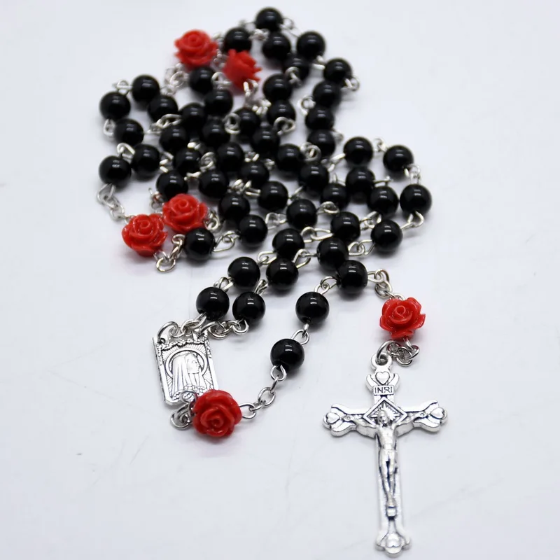 Pearl Rose Beads Rosary Catholic Necklace