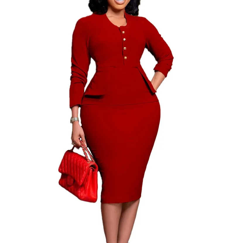 BOBOYU style 2023 undefined career dresses women fashion peplum bodycon midi dress elegant office lady long sleeve casual dress
