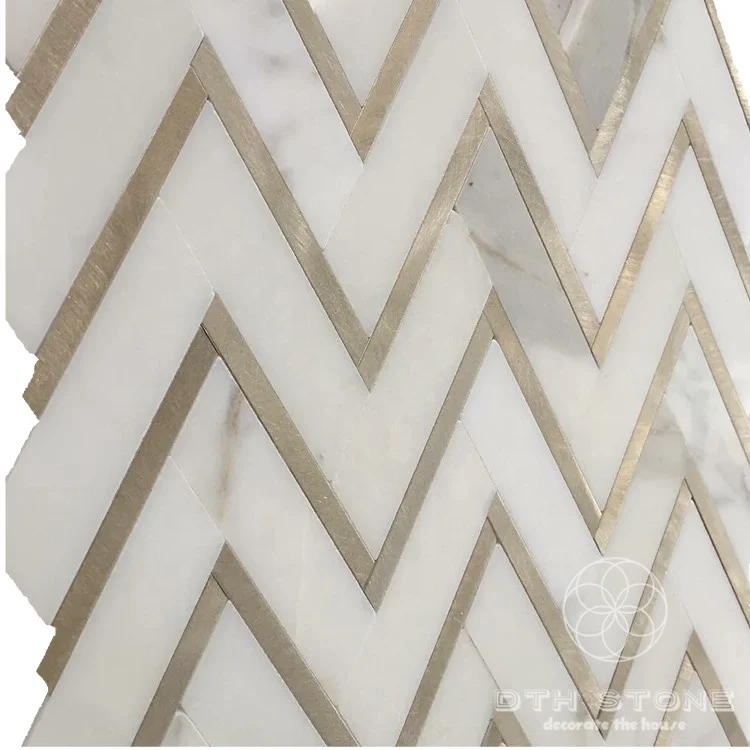 Dth stone Calacatta marble mix gold aluminium alloy chevron parquet mosaic tiles