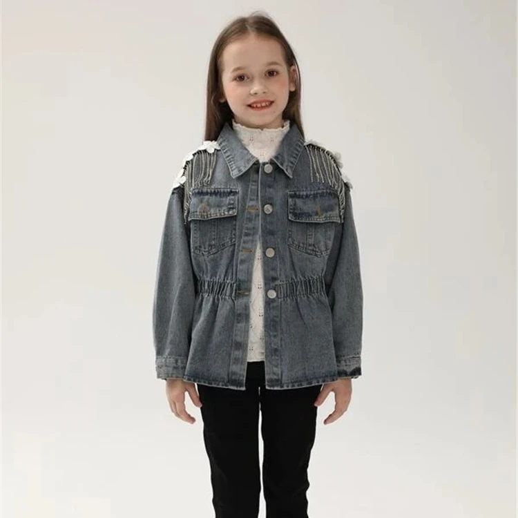 2022 Customized Girls Jackets Fashion Applique Rhinestone Tassel Trim Drop Shoulder Denim Jacket Girls Casual Jackets