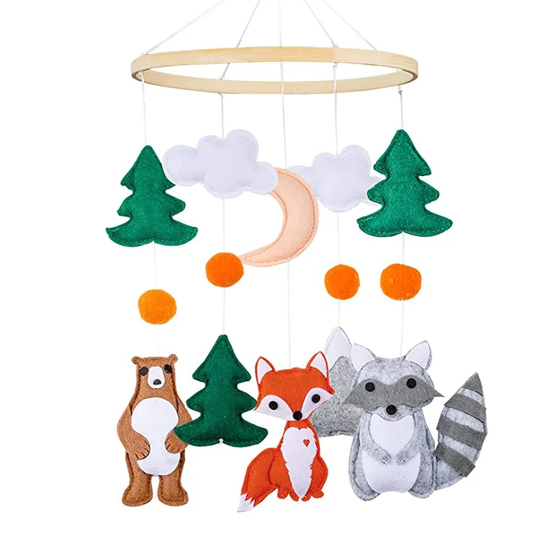 Custom Nursery Decoration felt animal Wood hanging rotating musical bed toys baby crib mobile