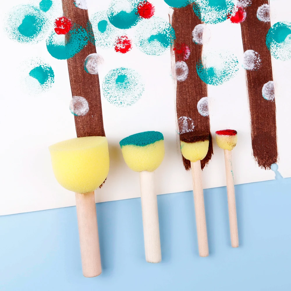 30 Pieces Art Sets Round Foam Sponge Paint Brush With Wooden Handle For Kids Drawing