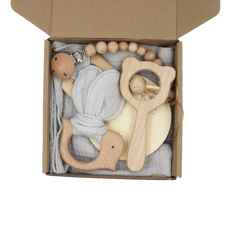 hot sells Teething Toys Wooden Crochet Teether Rings Newborn Care Baby Shower Gifts Beech Wood Animals Cartoon Teether For Baby