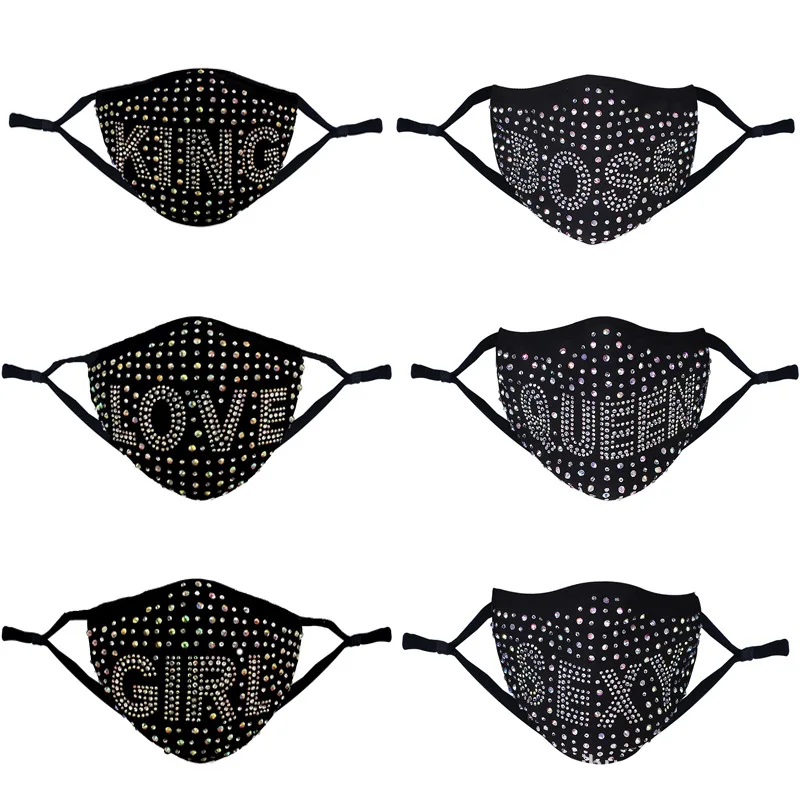 
Factory Direct Supply Diamond Masks for Men and Women Pm2.5 Filter Washing Drill Hot Fix Rhinestone Mask Letter Party Masks 