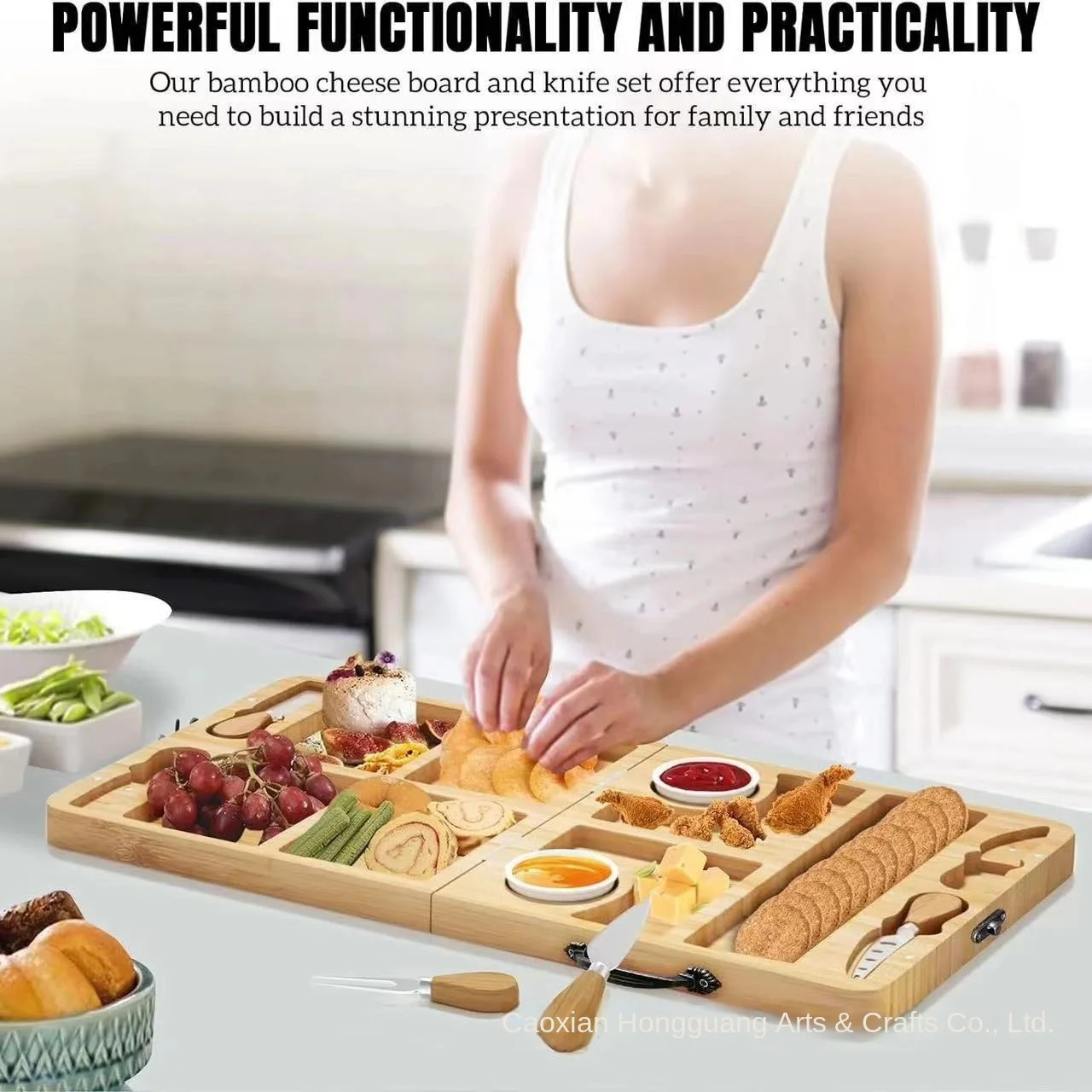 Portable Solid Wood Eco-friendly Board Set for Chopping Fruit Bread Cheese Nuts Folding Design for Snacks and Deli Use