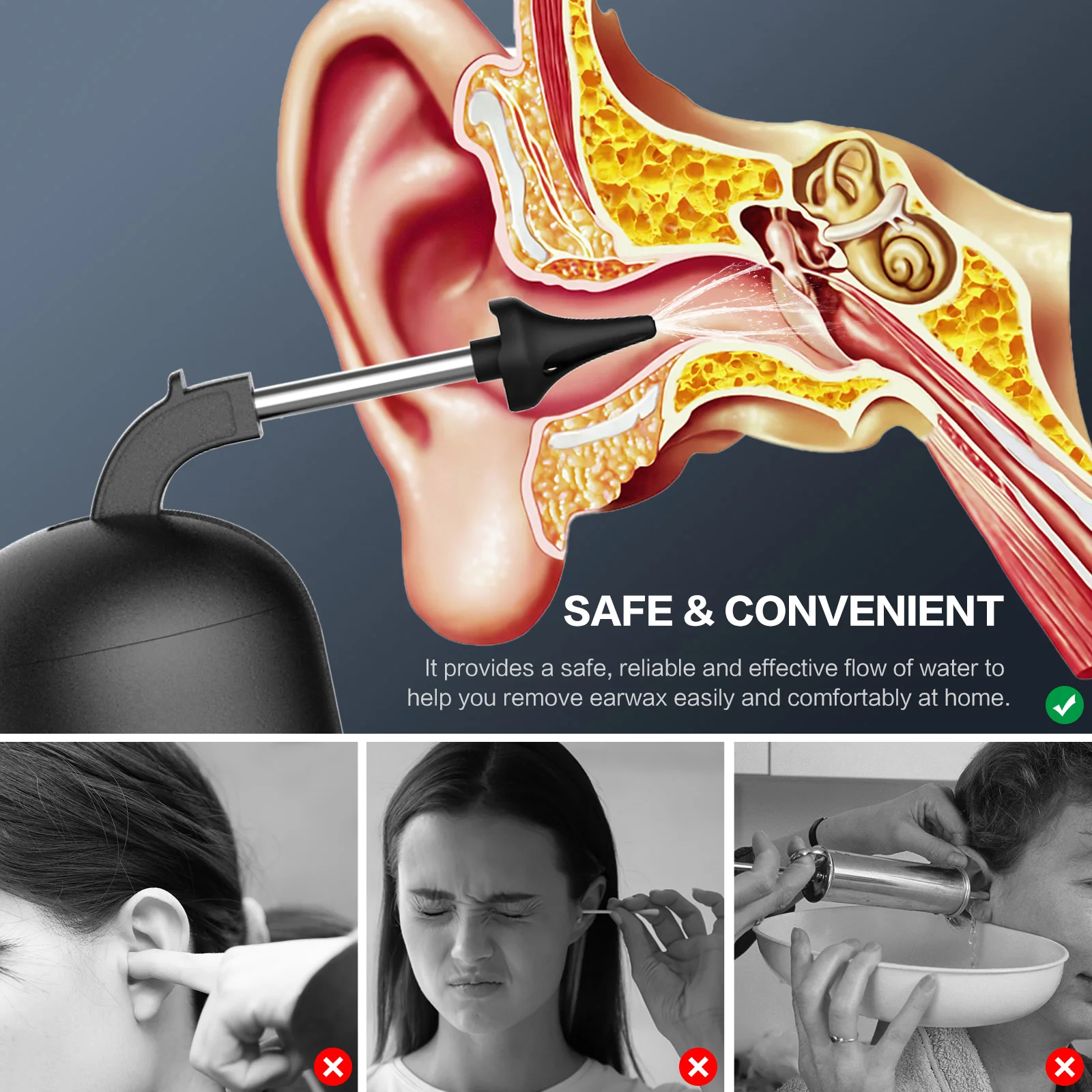 Heated Ipx7 Waterproof electric Ear Cleaner Medical Massaging triple jet stream 4 Working Modes Ear Wax Remover