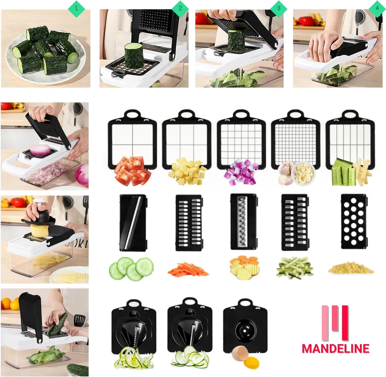 Vegetable Chopper - Cheese Grater, 13-in-1 Mandoline Slicer Chopper Vegetable Cutter, Anti-Slip Container, Chop-Cut-Spiralizer