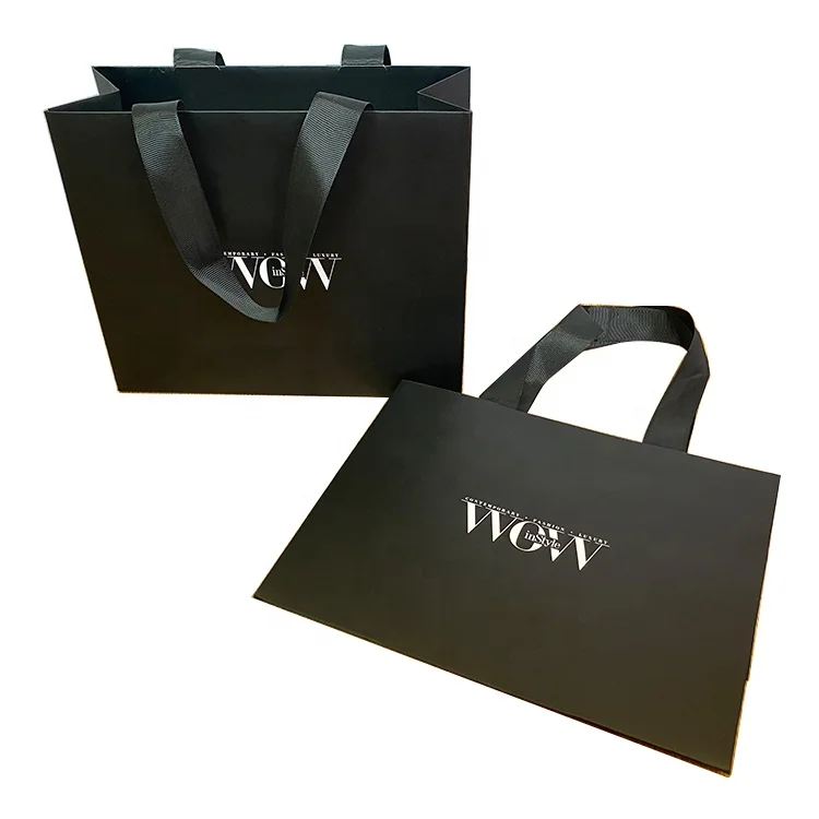 PB-09 Custom hot sale printing black logo matte lamination white card paper bag with black ribbon handles