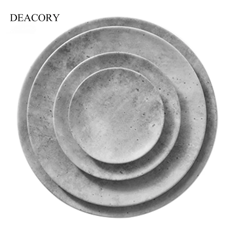 DEACORY High quality round dark grey cement style industrial style ceramic charger plates for wedding restaurant