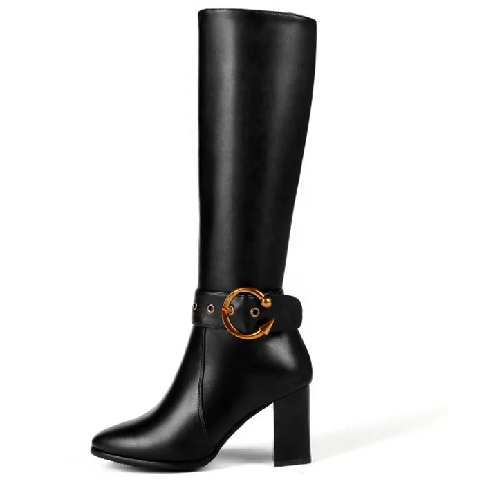 Autumn Winter Women High Boots Metal Buckle Zippers Booties Large Size Chunky Heeled Knee Knight Boots