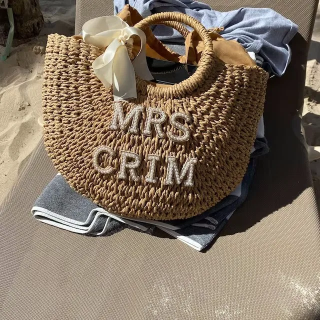 Bridesmaid Beach Bag Customized Straw Bags Personalized Straw Basket Bridal Shower Bag White Pearl & Rhinestone Letter Patches