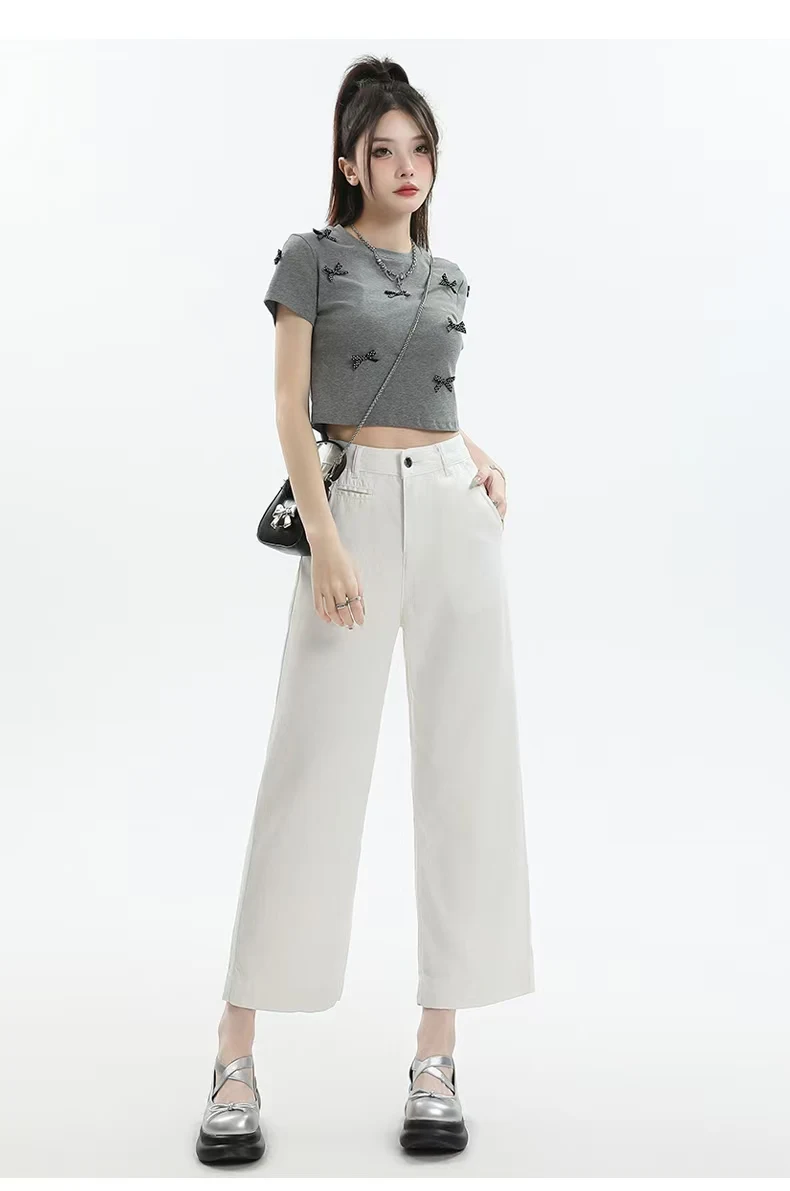 whole denim women new style  summer new thin  loose straight ice silk high waist show thin white pants
