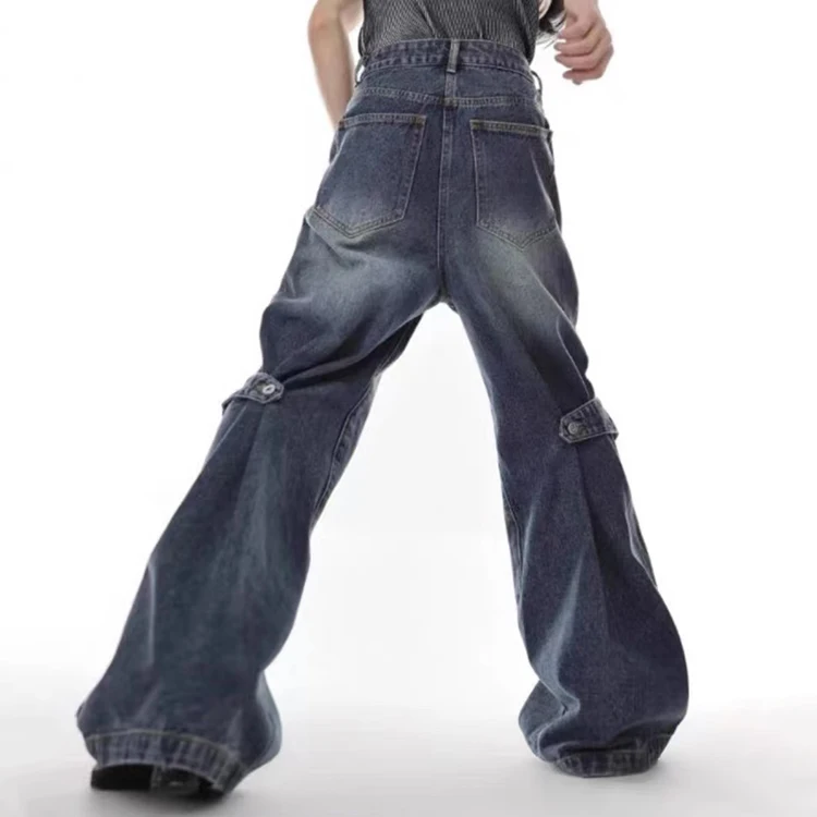 OEM Custom Manufacturer Street wear Buttons Jeans Custom Wave Loose Fit Stacked Wide Leg Flare Vintage Washed Heavy Denim Jeans