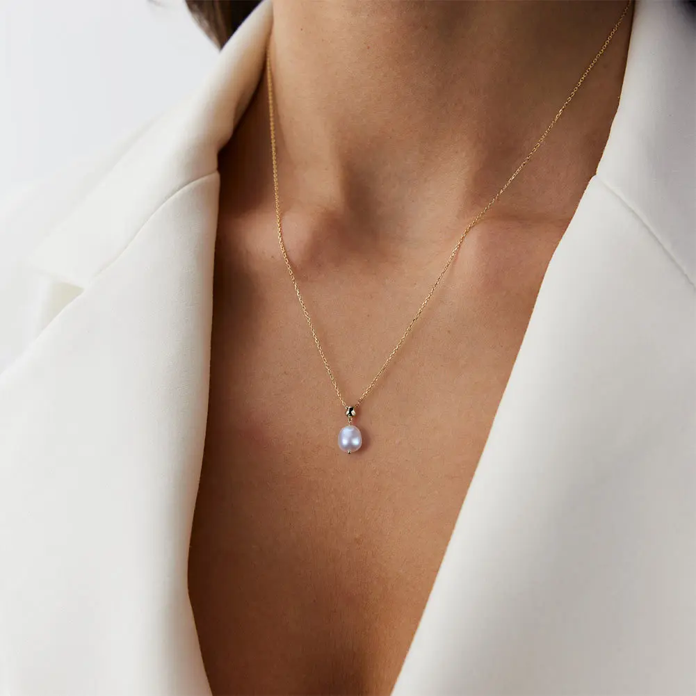 14K Gold Plated S925 Sterling Silver Single Fresh Water  Baroque Pearl Pendant Necklace