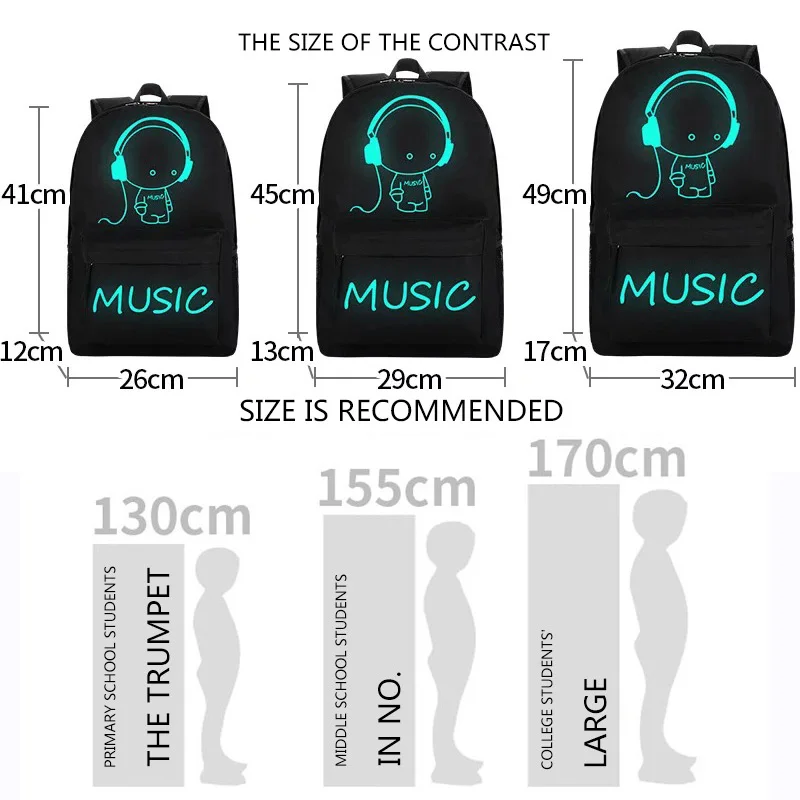 Hot Sale Fashion Custom Logo Luminous School Bags Backpacks 3 pcs  Backpack set