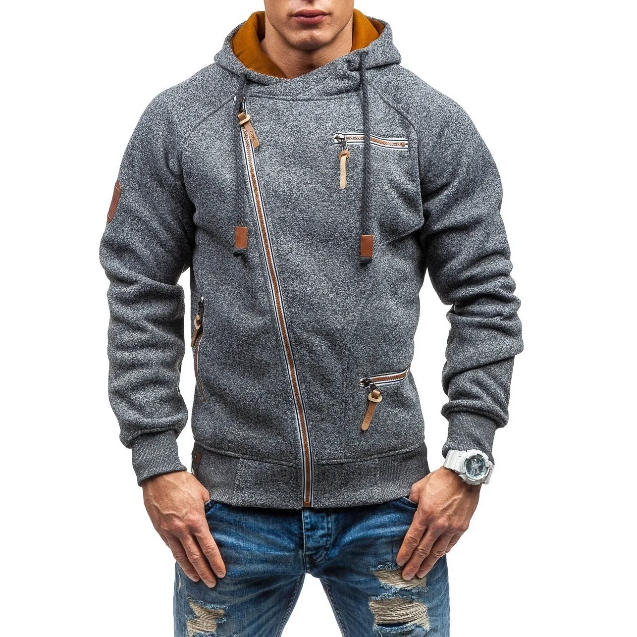 Gulidd Casual Solid Long Sleeve Mens Hoodies Sweatshirts Slim Zipper Hoody Sweatshirt Men Hooded Streetwear