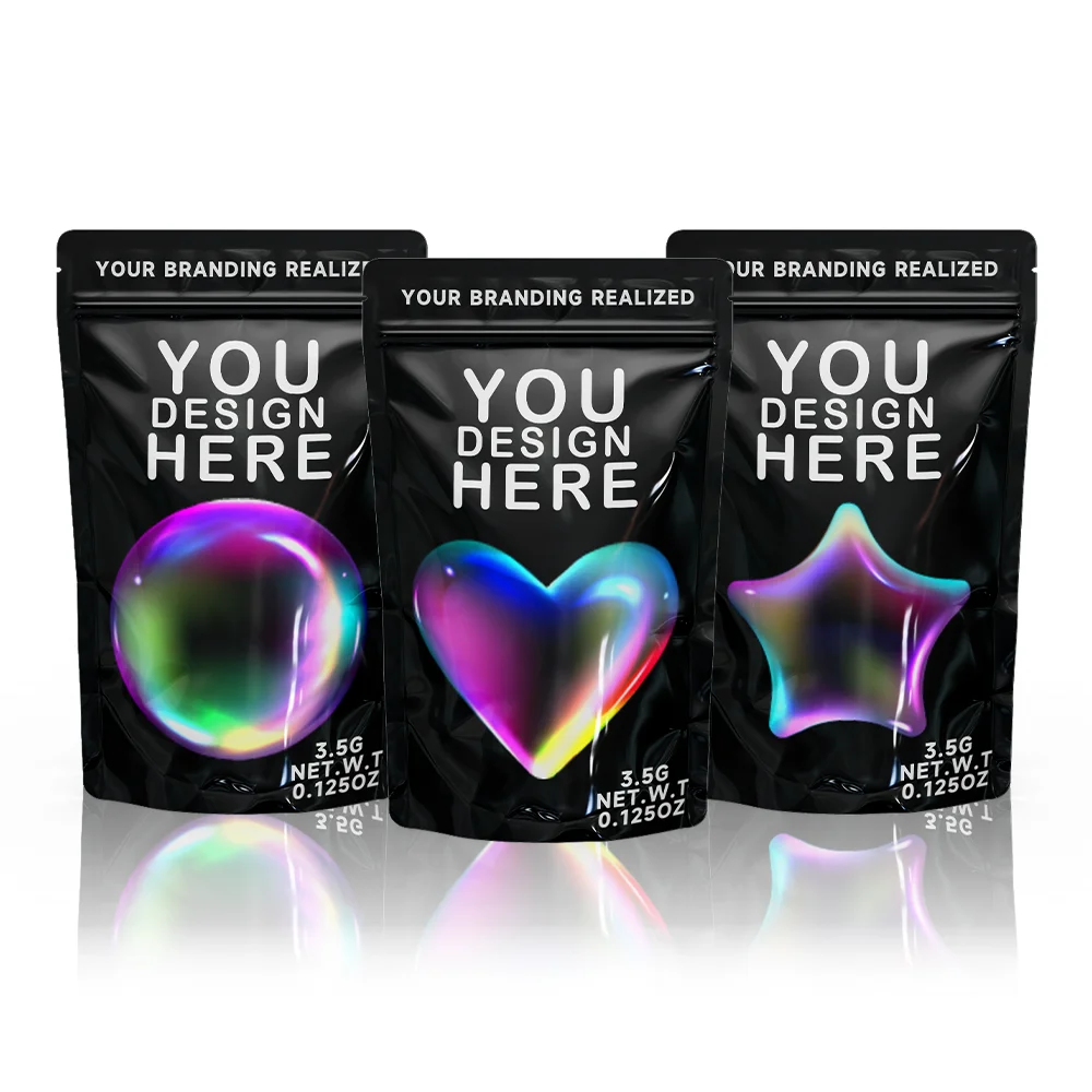 Custom Plastic Holographic Aluminum Foil Ziplock Resealable Mylar Bag Stand Up Pouch Edible Packaging with My Logo