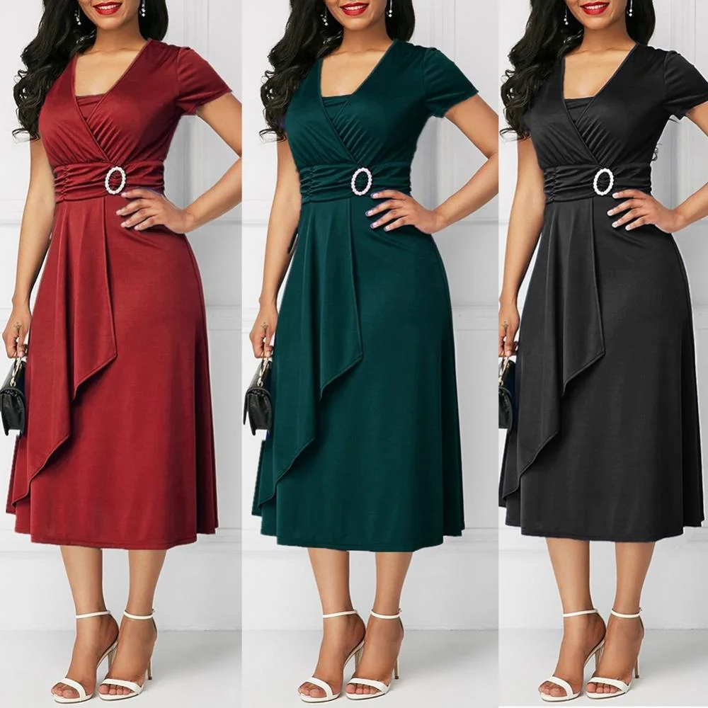 Plus Size Maxi Elegant Women Career Dresses Short Sleeve Asymmetric Hem Waist Tight Midi Party Dress Ladies Evening Vestidos