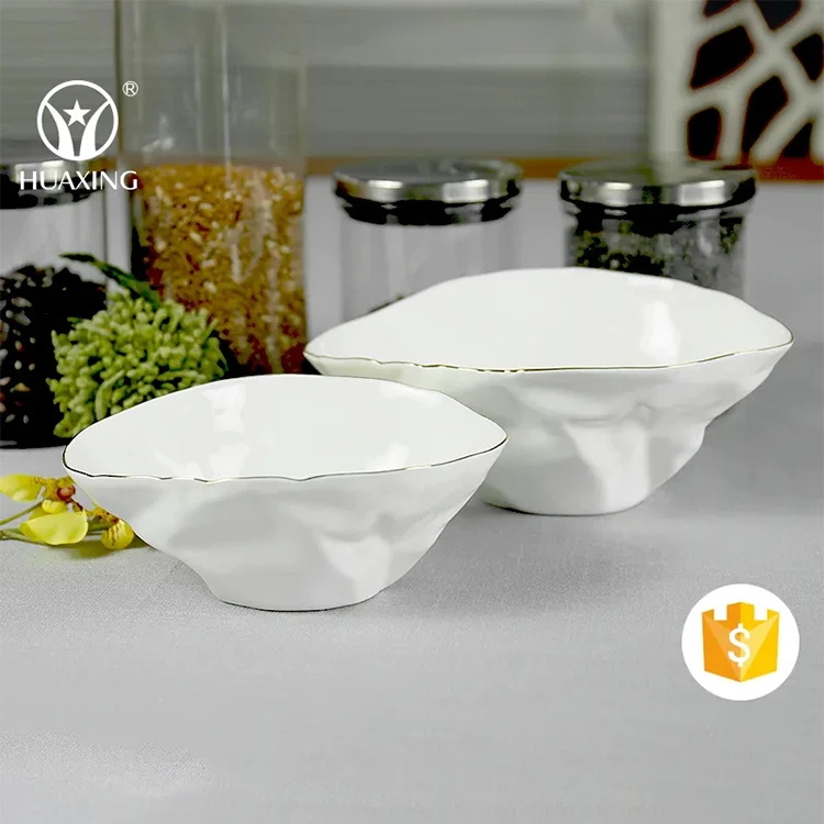 Unique shape design serving bowls white ceramic bowl gift set european bowl with gold rim