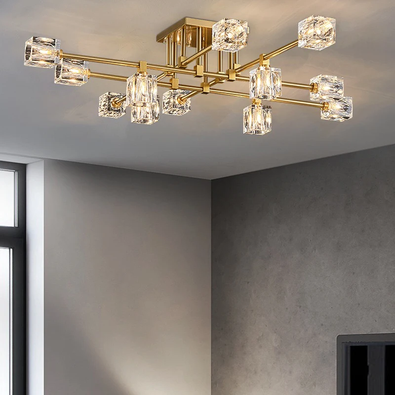 72W/96W/144W Gold Color Nordic Luxury Brass Material Custom Heads Crystal LED Ceiling Mounted Chandelier