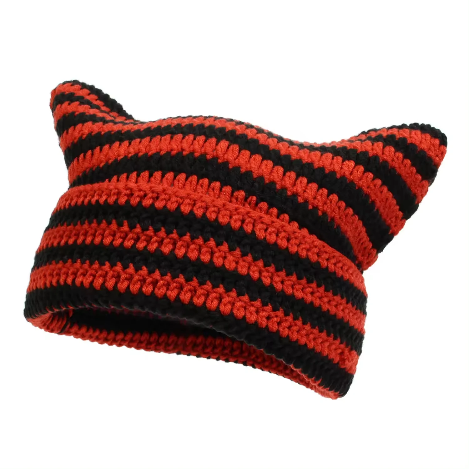 Striped Y2K Gothic Knitted Cat Ear Little Devil Crochet Hat Women  Winter Fox  Slouchy Beanie Female Caps