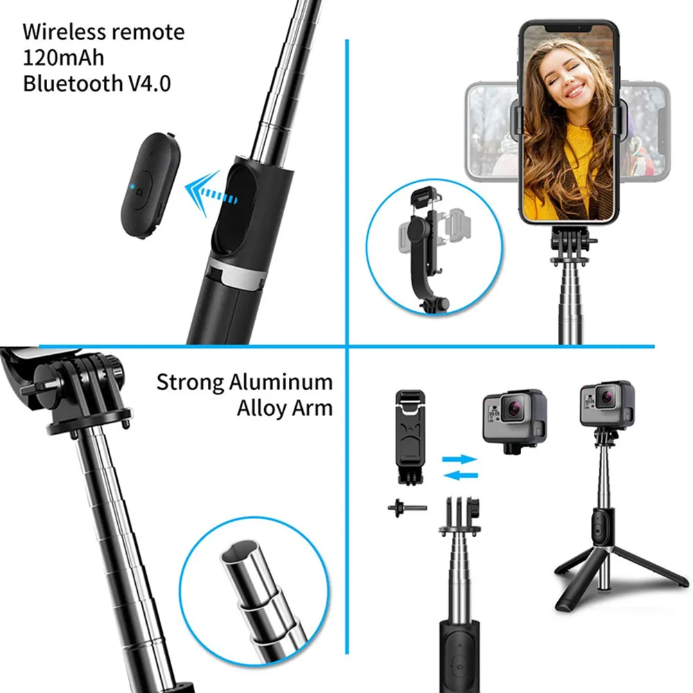 4 in 1 Extendable Wireless Selfie Stick Tripod L02 Integrated Mobile Phone Self Stick With BT Remote Selfie Stick Foldable