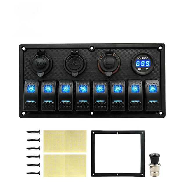 8 Gang Rocker Switch With 12V-24V DC Socket And LED voltmeter Caravan Motorhome ABS Switch Panel For Car Vehicle