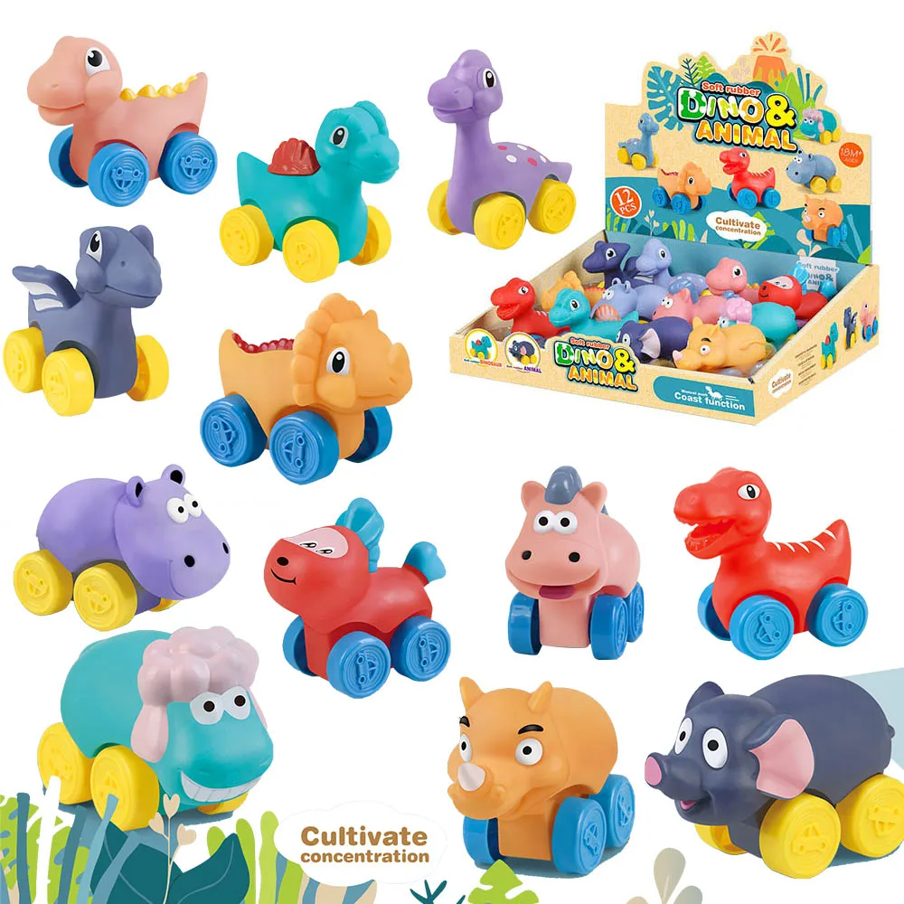 Wholesale kids toy gift small sliding animal soft plastic vinyl dinosaur car