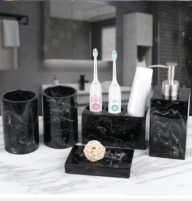 Modern Style Black Marble Resin Bathroom Accessories Set for Hotel Home Bathroom