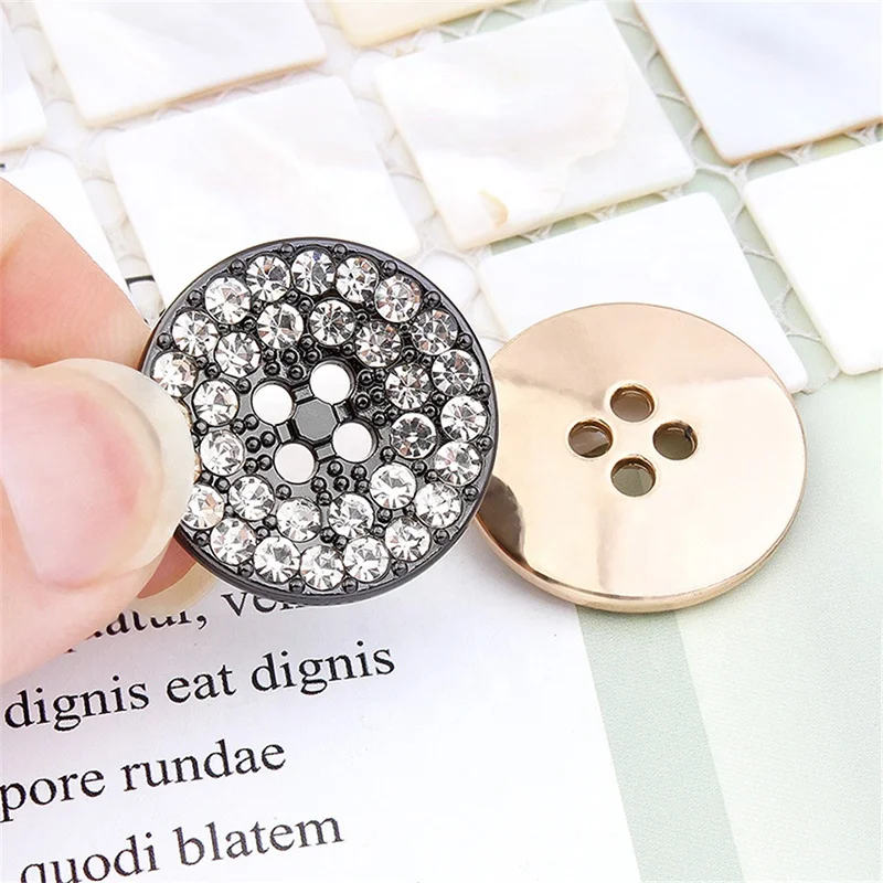 Round Shape Four Hole 4 Holes Gold Metal Engraved Sew On Buttons With Rhinestone Diamond Crystals Acrylic