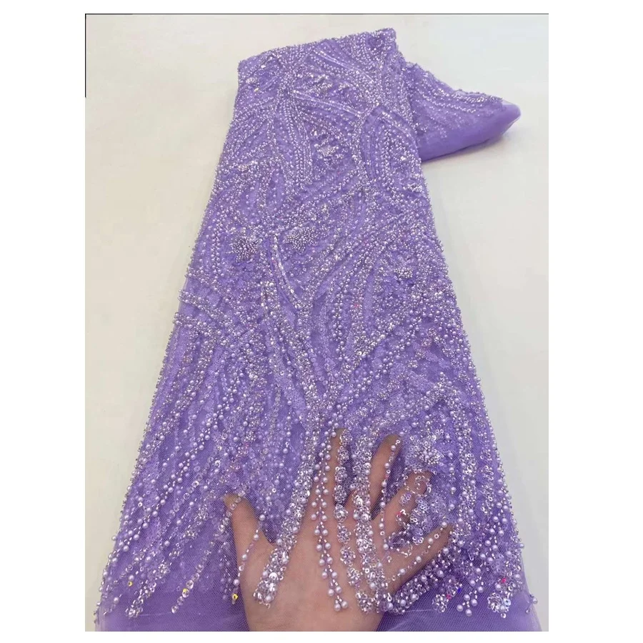 Nigerian Bridal Fabric Luxury Embroidery Beads Sequins Lace Pearls Beaded Lace Fabric For Women Wedding Dress