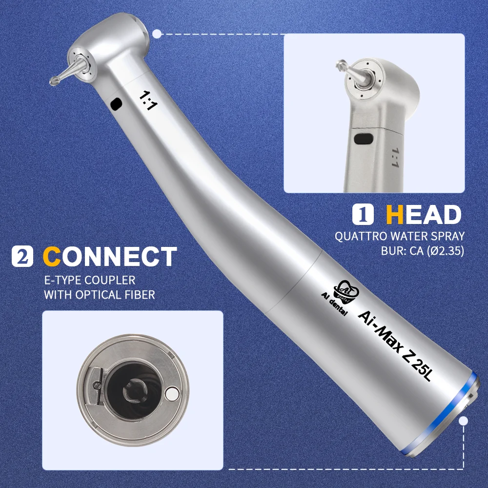 AI-Z25L 1:1 Direct Drive For CA burs (2.35) Stainless Steel Optic Contra Angle Low Speed Dental Handpiece with Quattro Spray