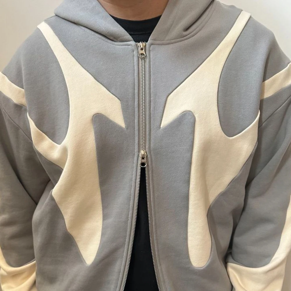 Heavy Weight Two Tone Colors Block Contrast Stitching Hoodie Patchwork 3D Embroidery Patches Painted Oversized Hoodies For Men