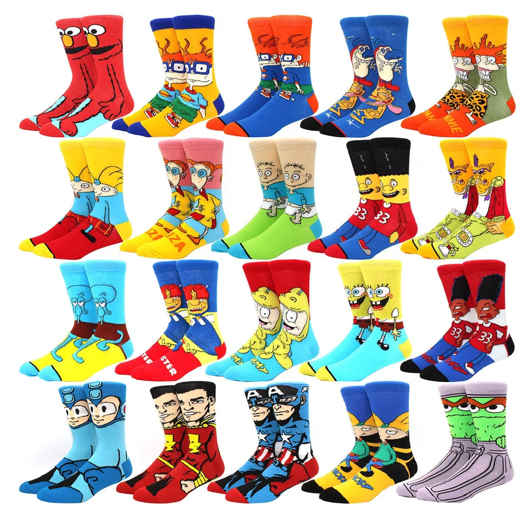 Wholesale Mens Funny Novelty Socks Custom Logo Characters Cotton Crew Anime Comics Fashion Happy Crazy Knitting Cartoon Socks