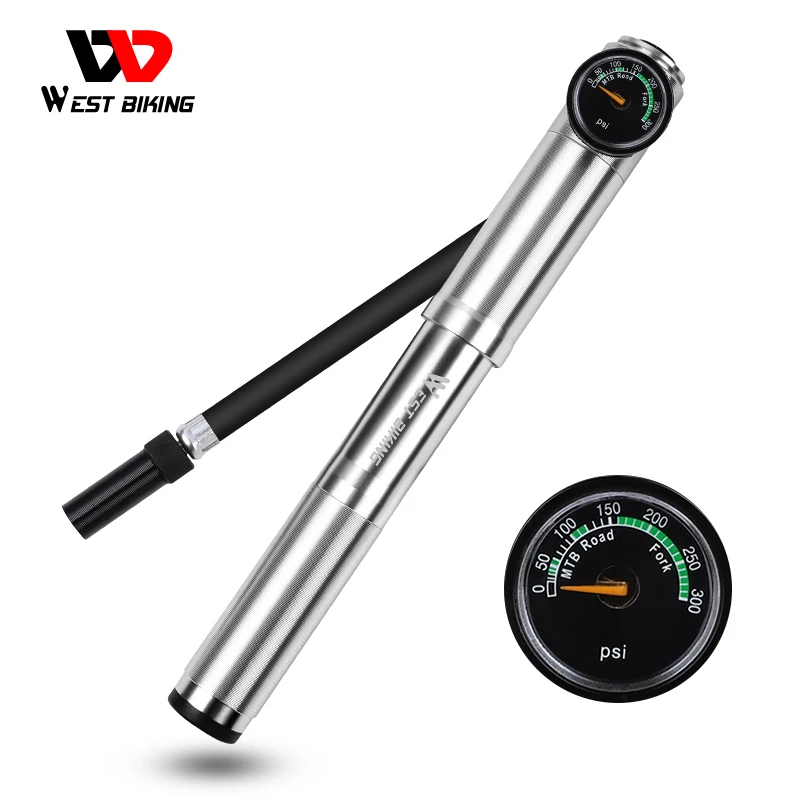 WEST BIKING Bicycle Mini Aluminum Alloy Hand Pump With Gauge Tire Inflator Bike Performance Tyre Tube Cable Pump Bicycle Cycling