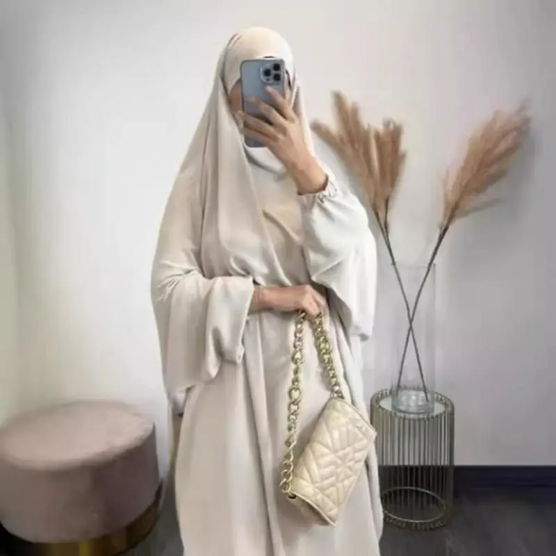 Two Piece Fashion Middle East Turkey Solid Color Elastic Cuff Dress Robe Dubai Suit Loose Uniform Size