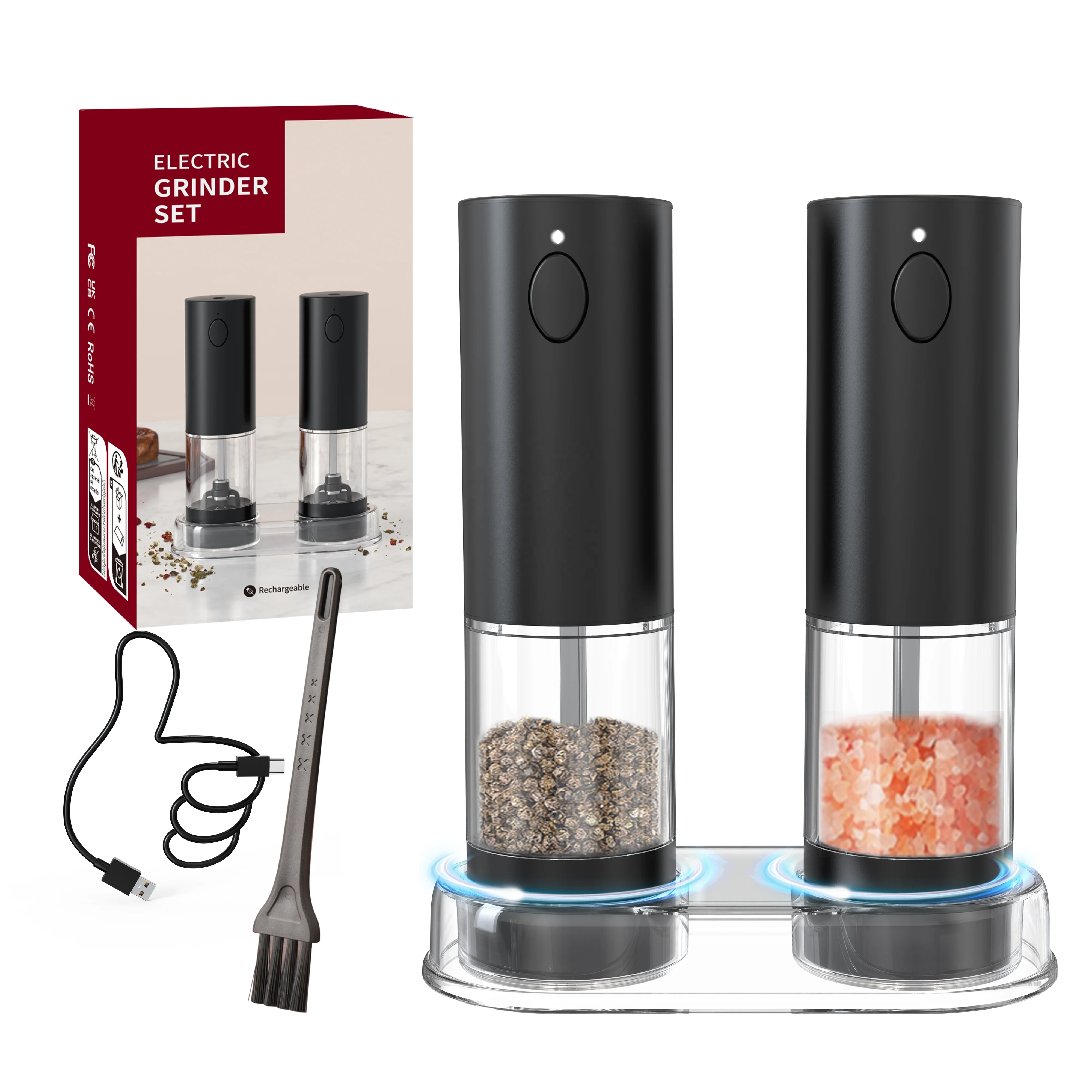 New Arrivals Stainless Steel 95ML Rechargeable Electric Salt and Pepper Spice Grinder Mills Set with Storage Base