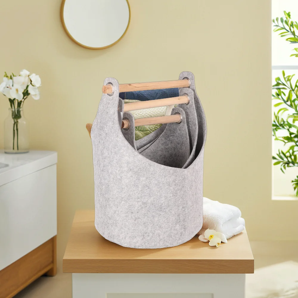Portable Christmas Laundry Basket Wide Felt Basket with Wooden Handle for Efficient Laundry Sorting