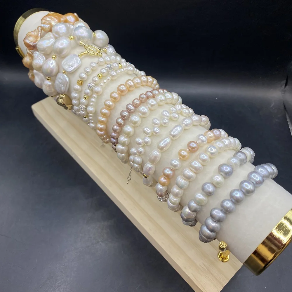 Natural Freshwater 925 Silver button Baroque pearl Round pearl bracelet Color bracelet 18cm in length For party wear daily wear